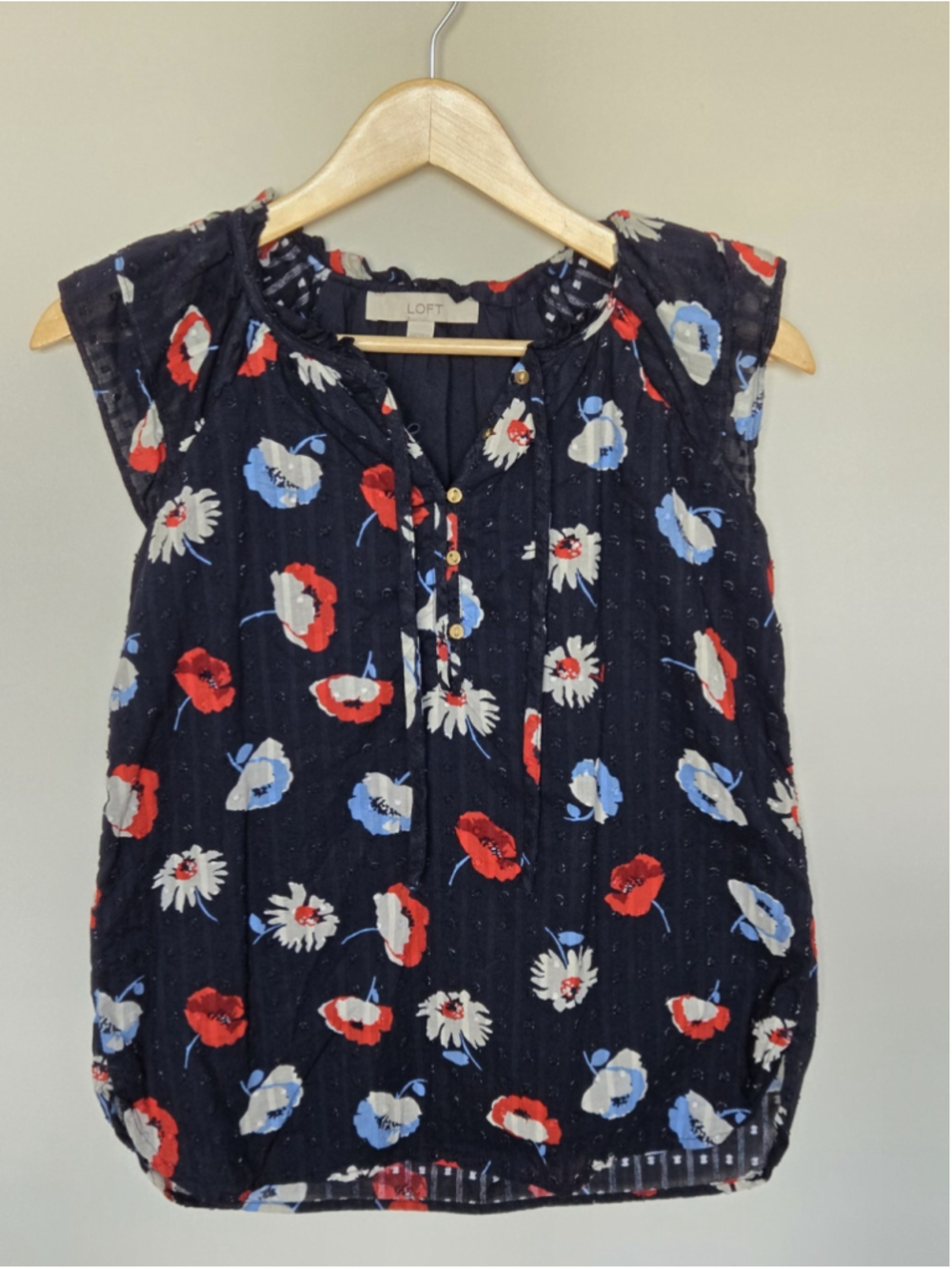 LOFT Dark Blue Floral 100% Cotton Blouse Size XXS